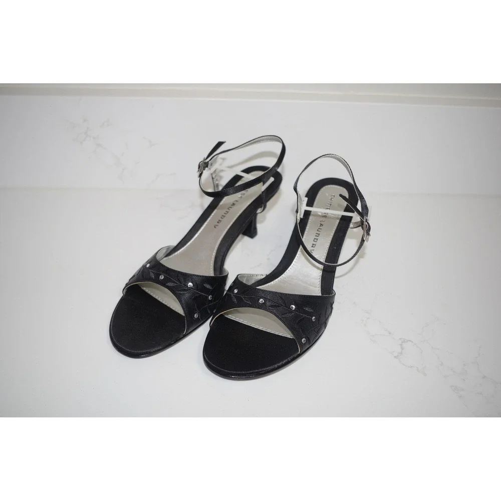 Chinese Laundry Jezebel Black Satin Kitten Heel Sandals Rhinestone Floral 9M